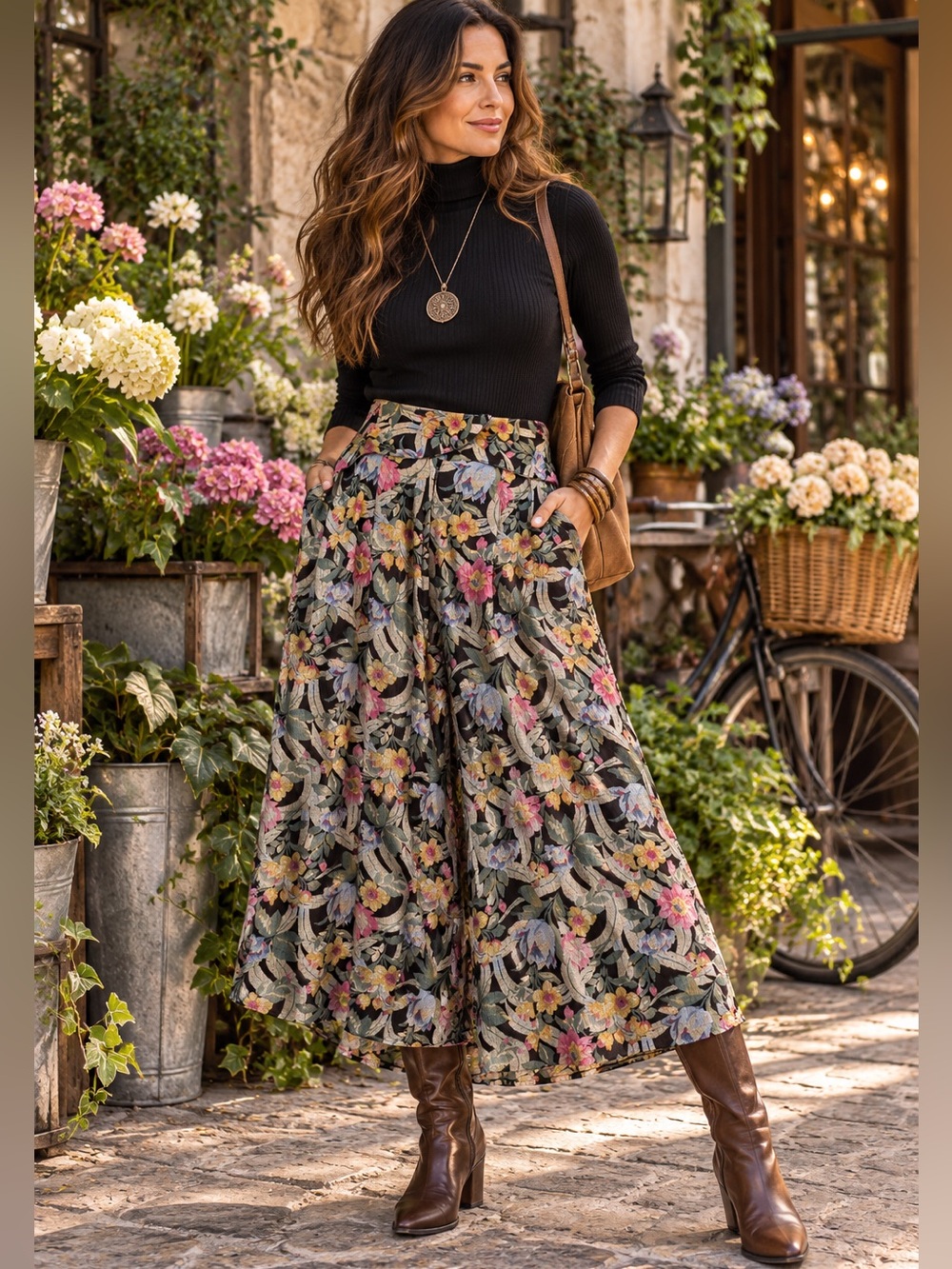 1990s Floral Wide-Leg Culottes – High-Waist Romantic Garden Print Pants